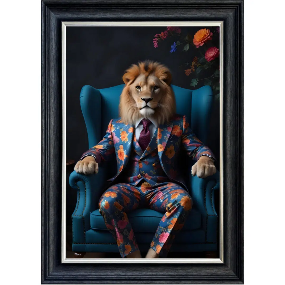 Lion in Floral Suit - Framed Animal Wall Art
