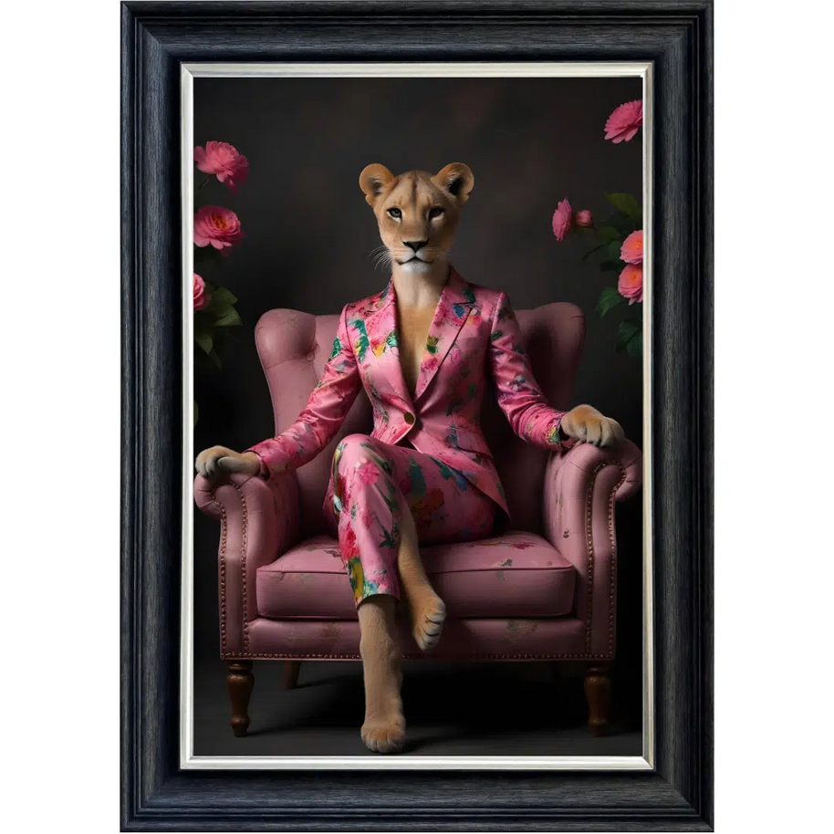 Female Lioness in Floral Suit - Framed Animal Wall Art