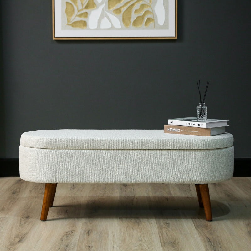 White Boucle Storage Bench in Wooden Legs