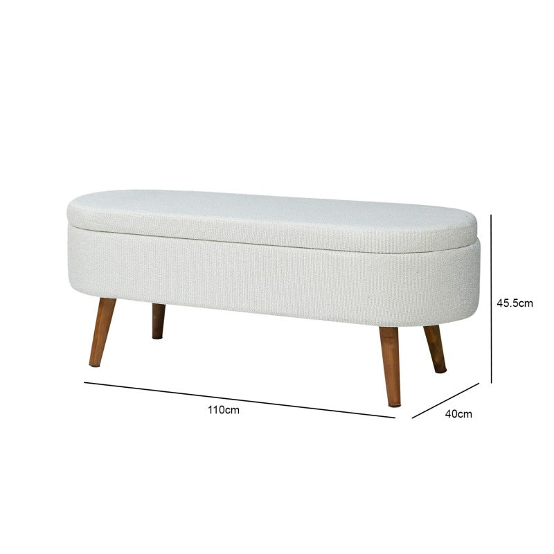 White Boucle Storage Bench in Wooden Legs