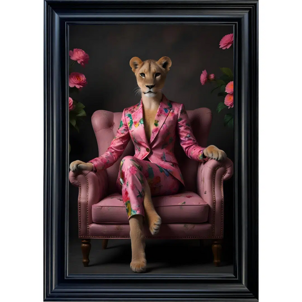 Female Lioness in Floral Suit - Framed Animal Wall Art