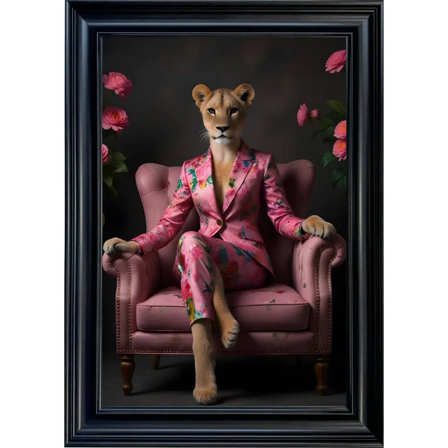 Female Lioness in Floral Suit - Framed Animal Wall Art