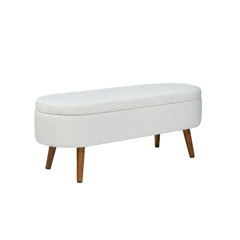 White Boucle Storage Bench in Wooden Legs