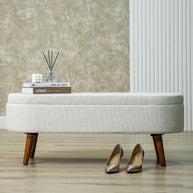 White Boucle Storage Bench in Wooden Legs