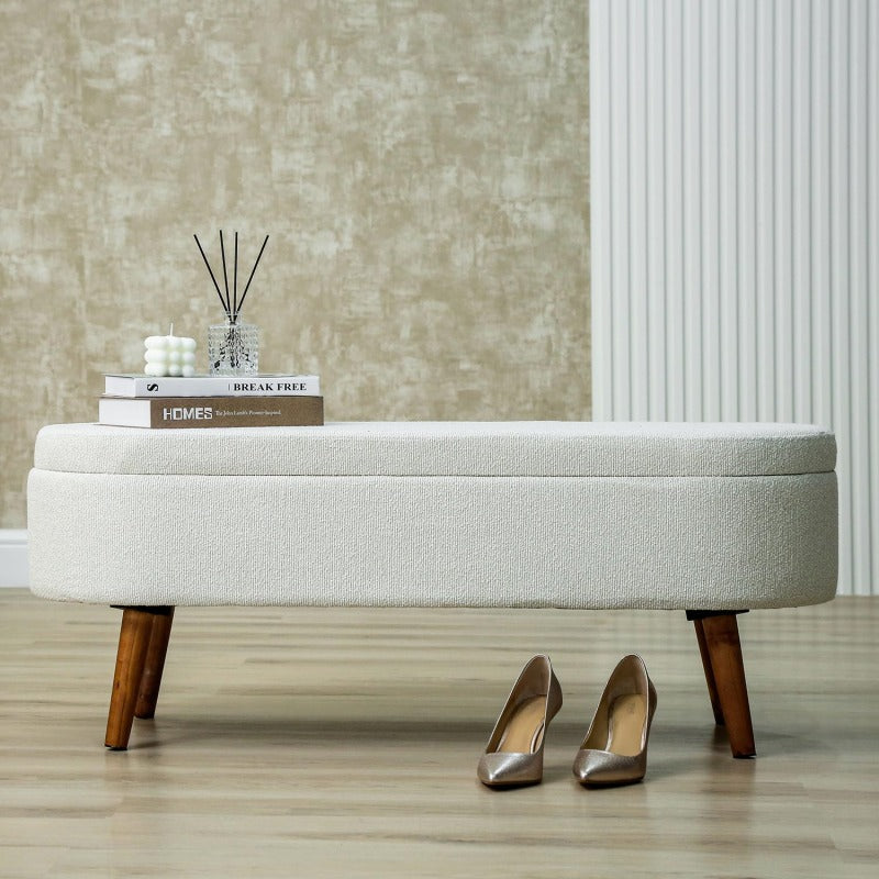 White Boucle Storage Bench in Wooden Legs
