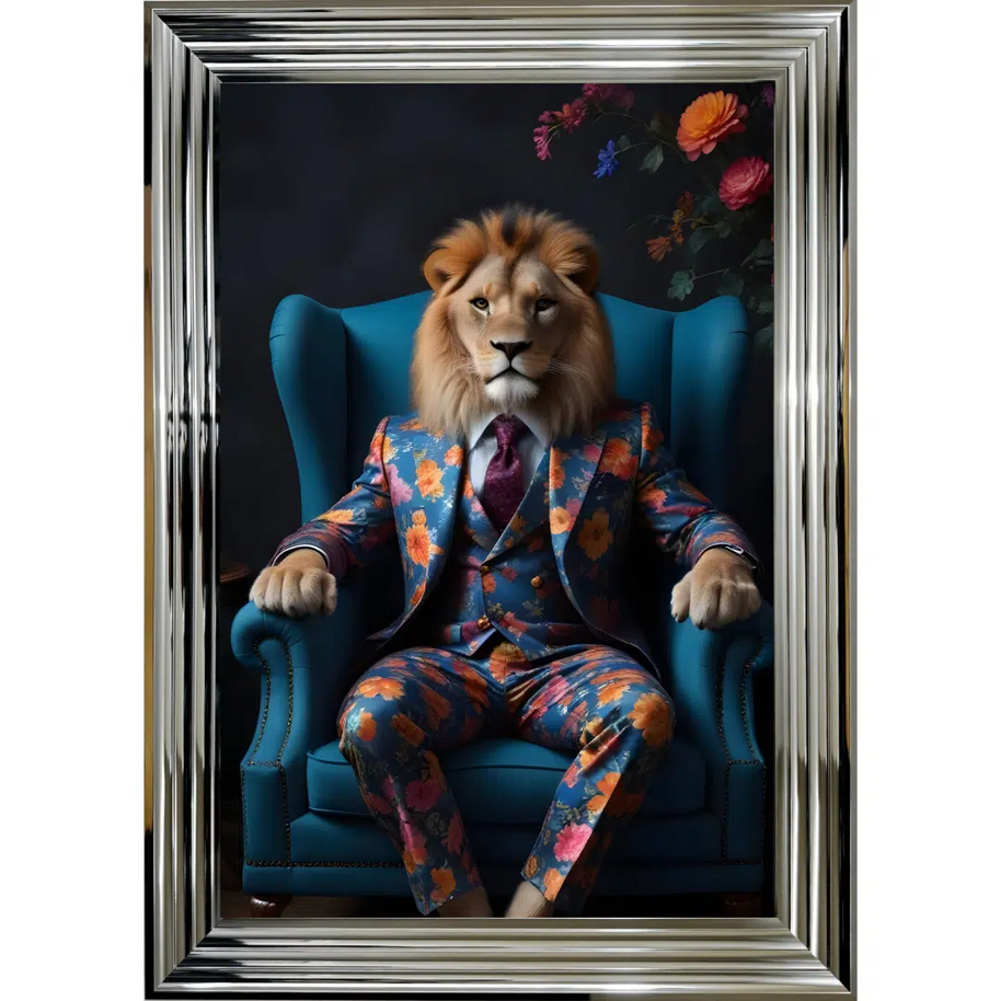 Lion in Floral Suit - Framed Animal Wall Art