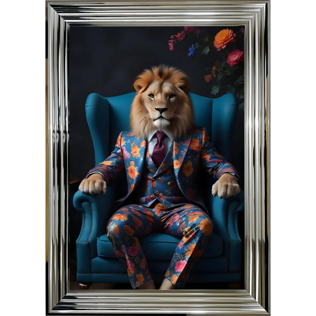 Lion in Floral Suit - Framed Animal Wall Art