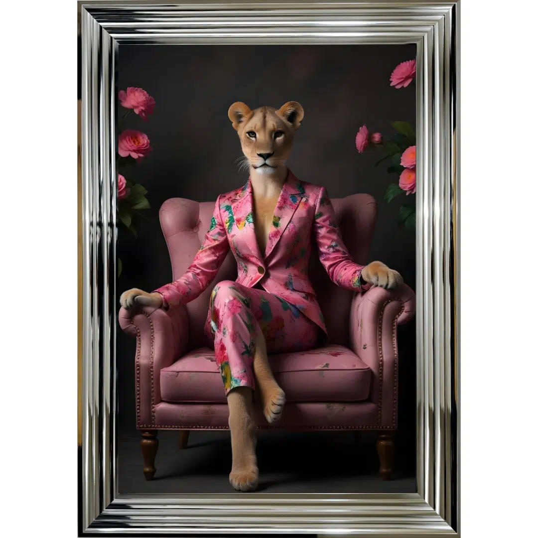 Female Lioness in Floral Suit - Framed Animal Wall Art