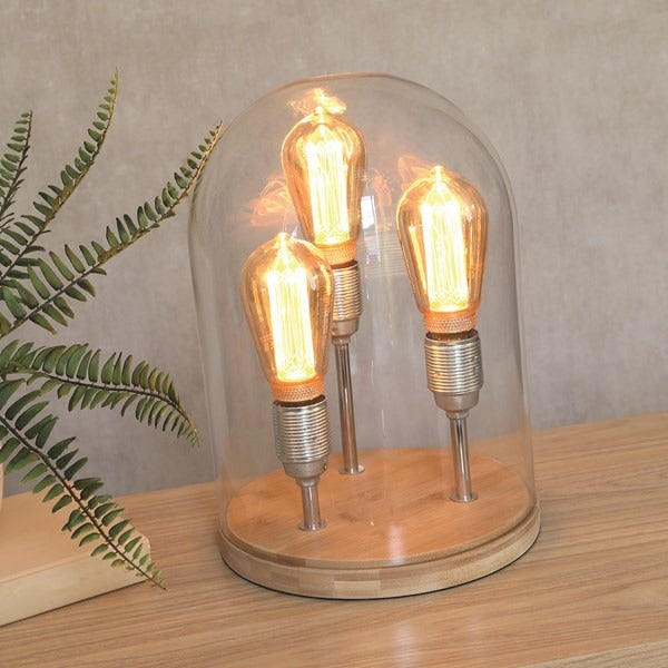 Glass Dome Table Lamp Bamboo Base Triple