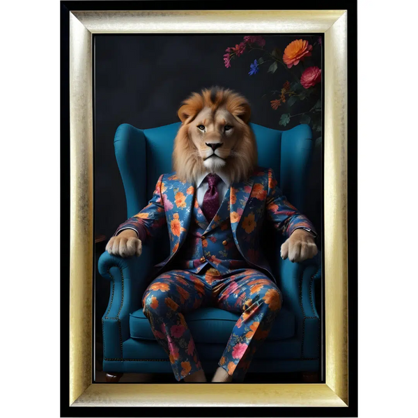 Lion in Floral Suit - Framed Animal Wall Art