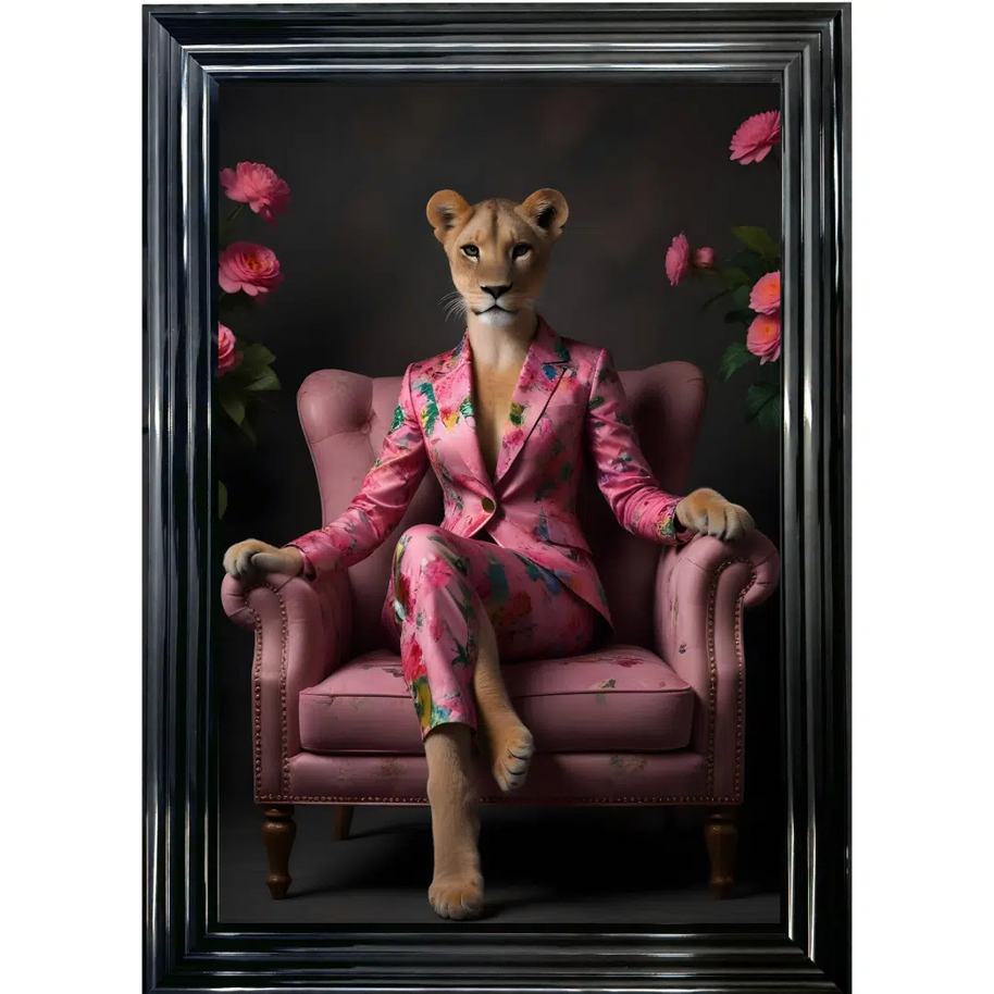 Female Lioness in Floral Suit - Framed Animal Wall Art