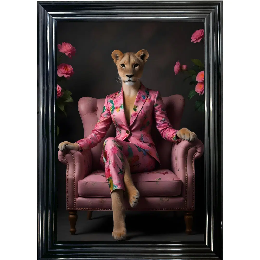 Female Lioness in Floral Suit - Framed Animal Wall Art