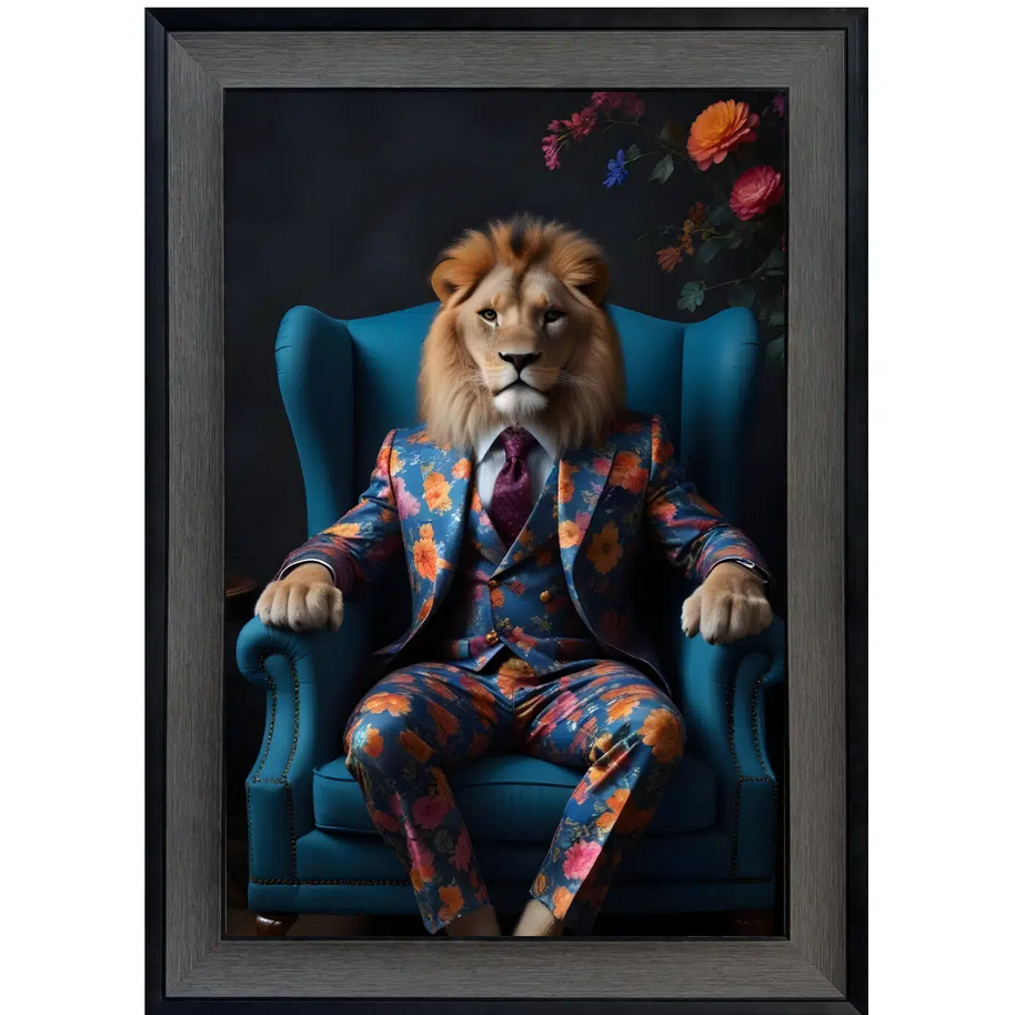 Lion in Floral Suit - Framed Animal Wall Art