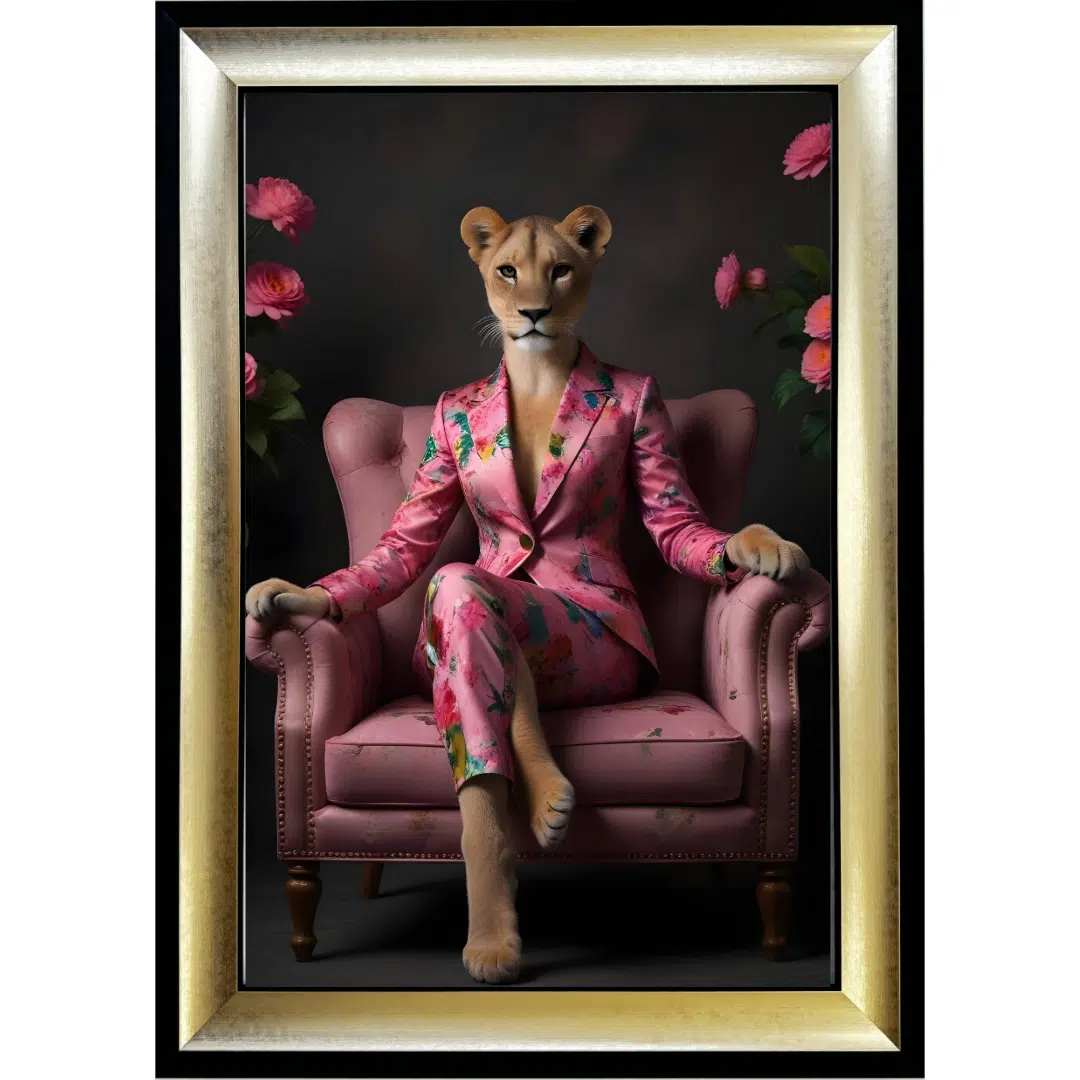 Female Lioness in Floral Suit - Framed Animal Wall Art