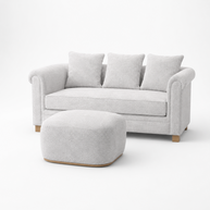 Light gray sofa with three cushions and a matching ottoman on a white background