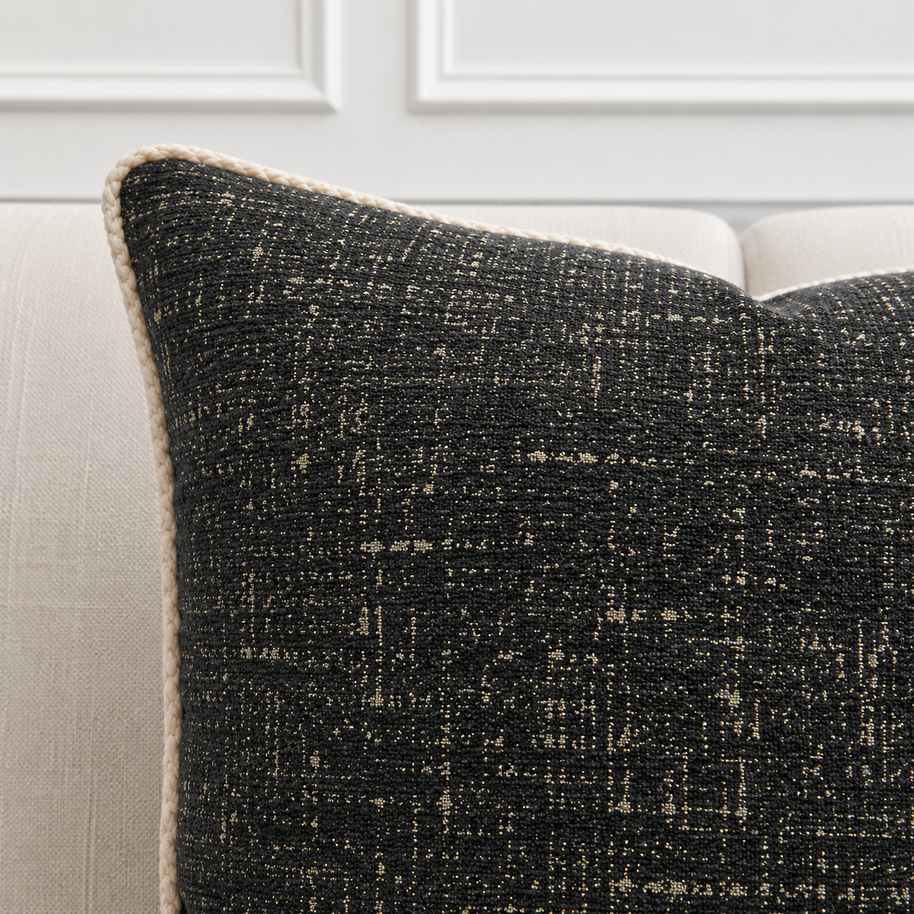 Textured black pillow on a light-colored sofa against a white wall.