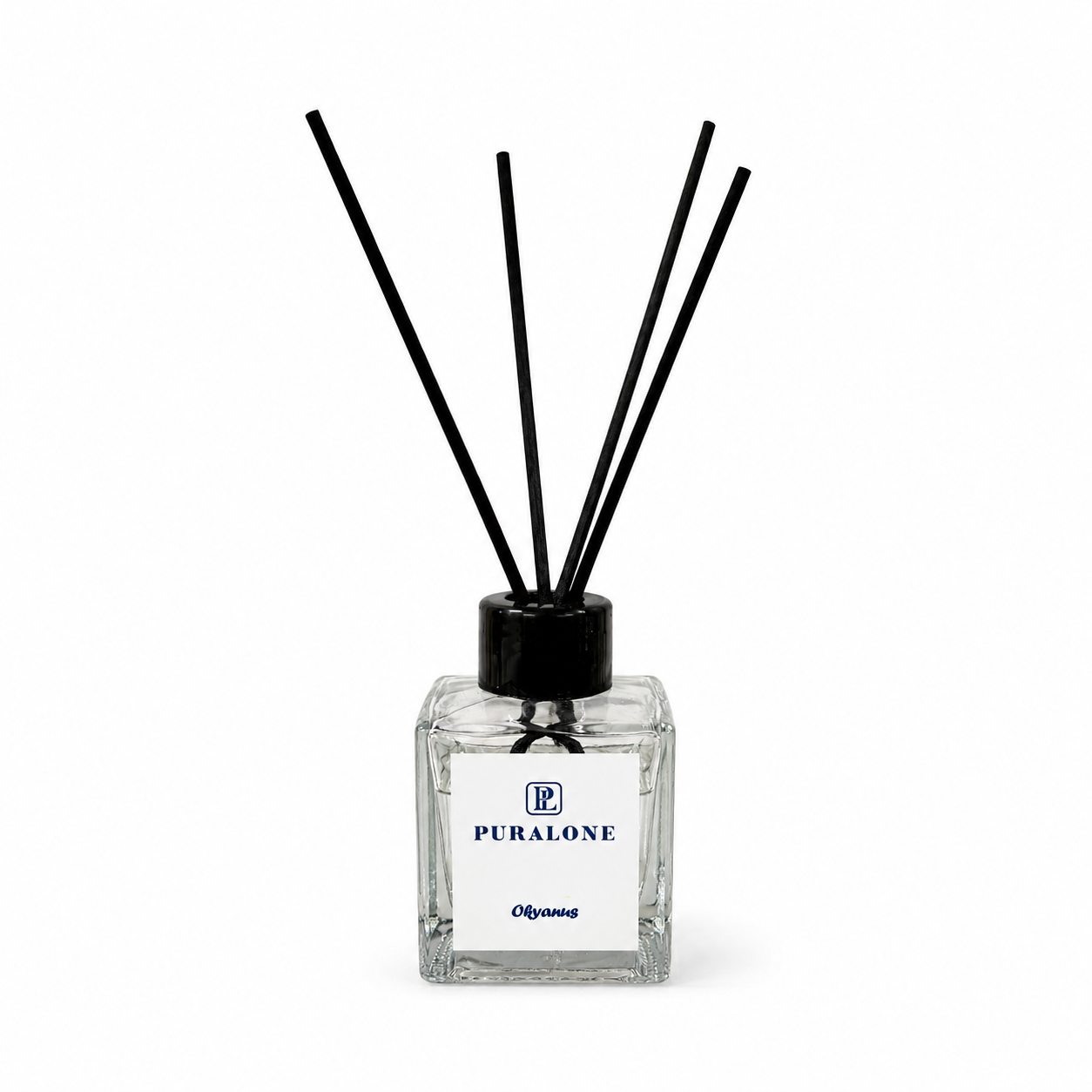 Reed diffuser with black sticks and a clear bottle labeled 'Puralone' on a white background