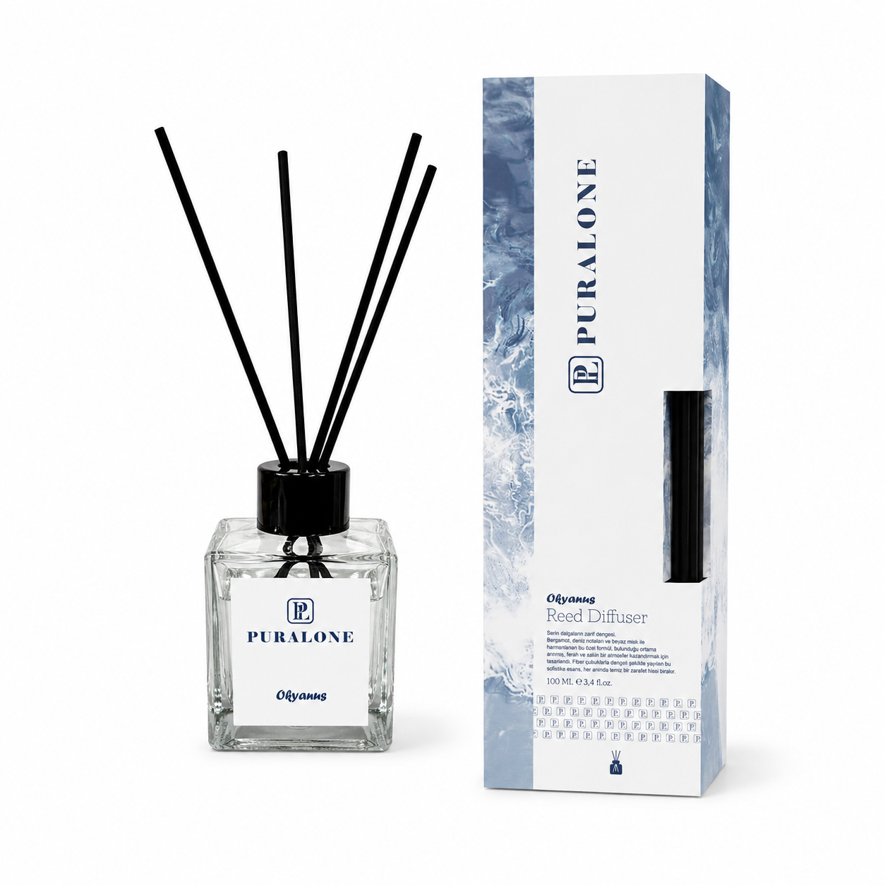 Puralone Reed Diffuser with packaging on a white background