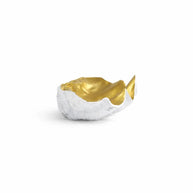 40cm wide clam-shaped decorative bowl with textured white exterior and polished gold interior on a modern coffee table.