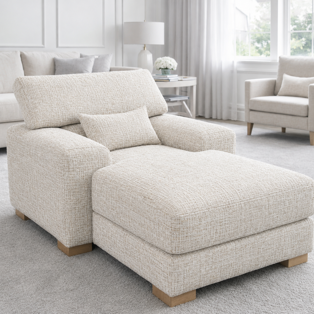 Beige sectional sofa in a living room setting with neutral decor.