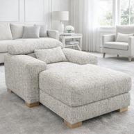 Gray textured sectional sofa in a living room setting with neutral decor.